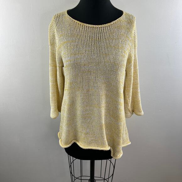 SKIFO SKIF White Yellow Knit Rolled Hem 3/4 Sleeve Pullover High Low Sweater - Picture 2 of 6